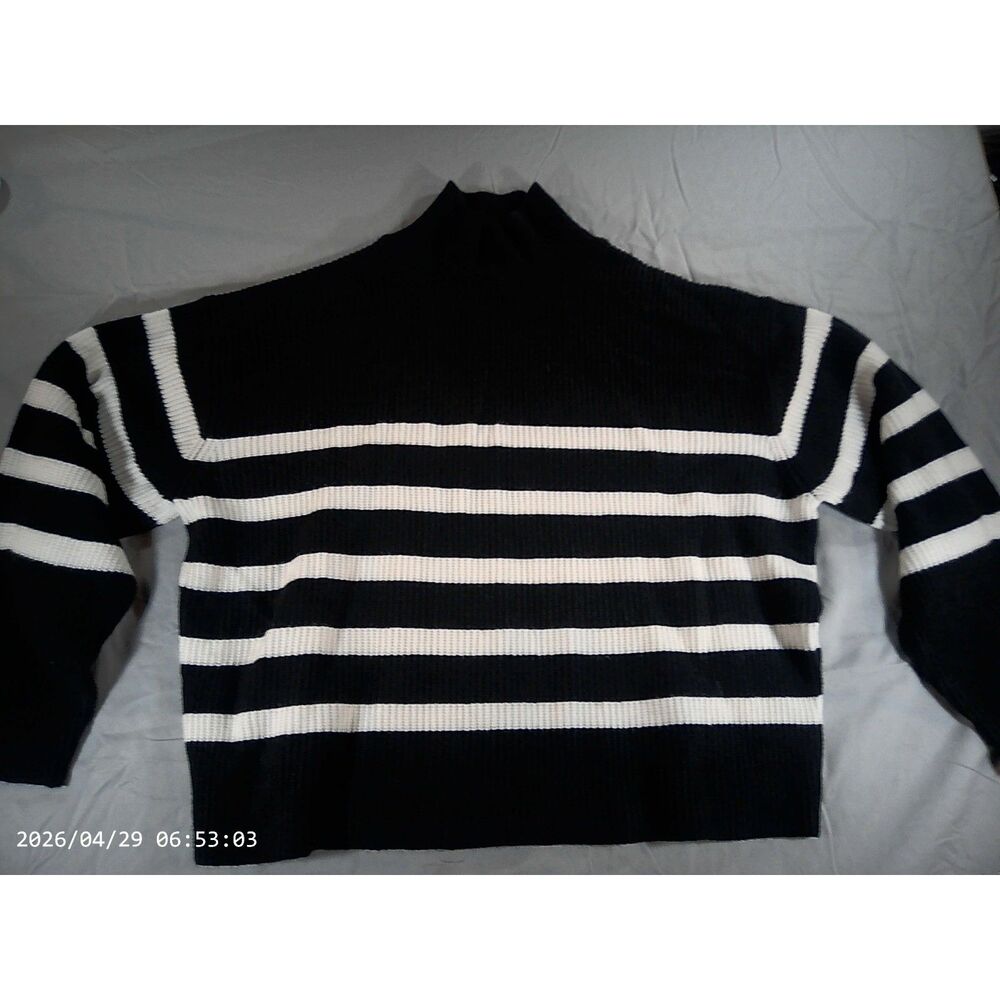 A New Day Black & White Striped Long Sleeve Sweater/ Sz L/ Mock Neck Knit Top